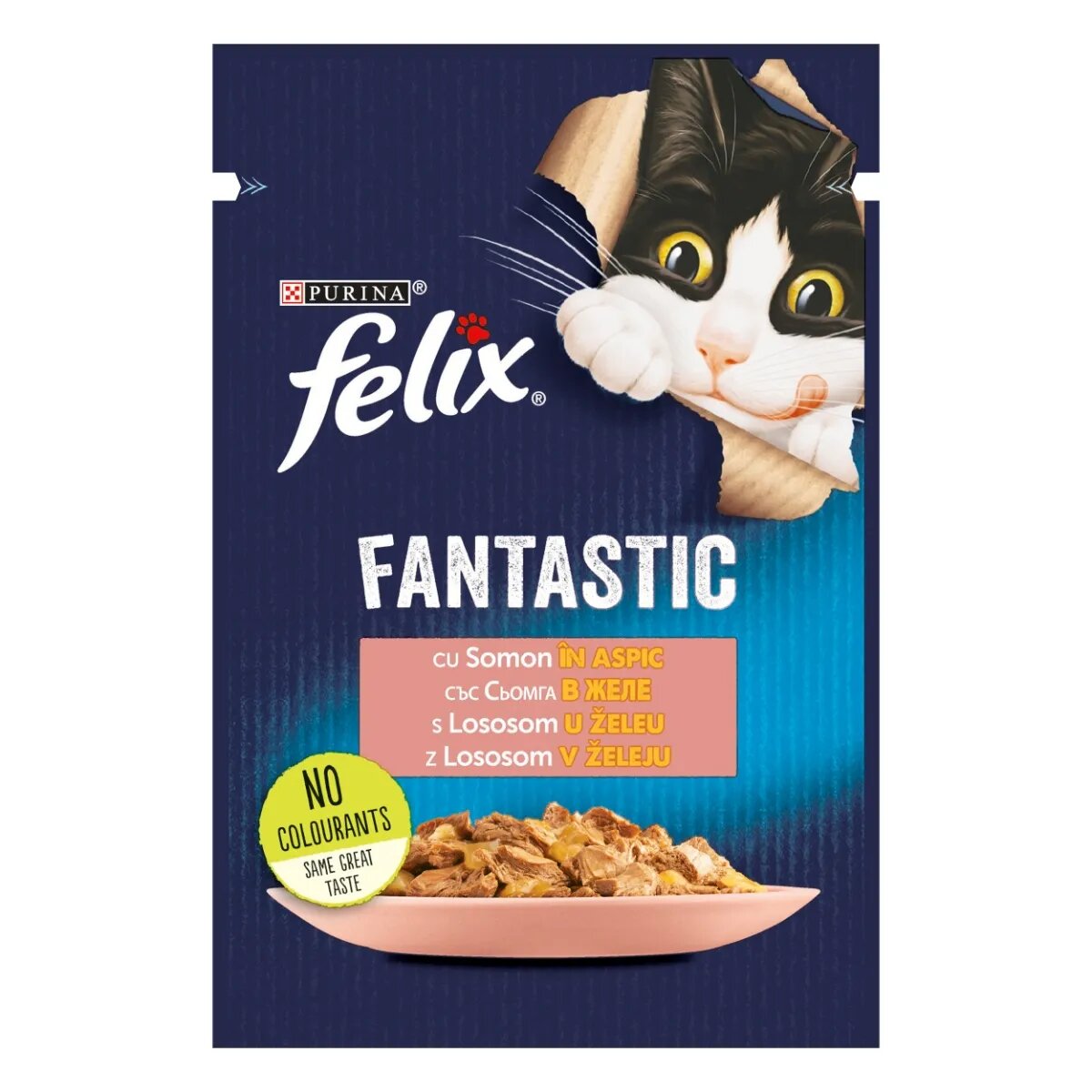 FELIX PURINA Fantastic Somon hrană umedă pisici (în aspic) PURINA Fantastic Somon plic hrană umedă pisici (în aspic) 85g