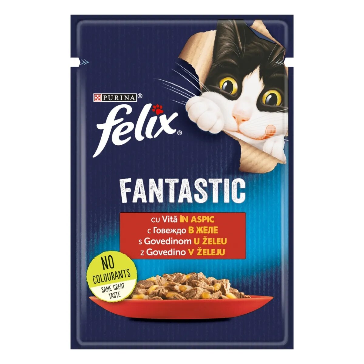 FELIX PURINA Fantastic Vită hrană umedă pisici (în aspic) PURINA Fantastic Vită plic hrană umedă pisici (în aspic) 85g