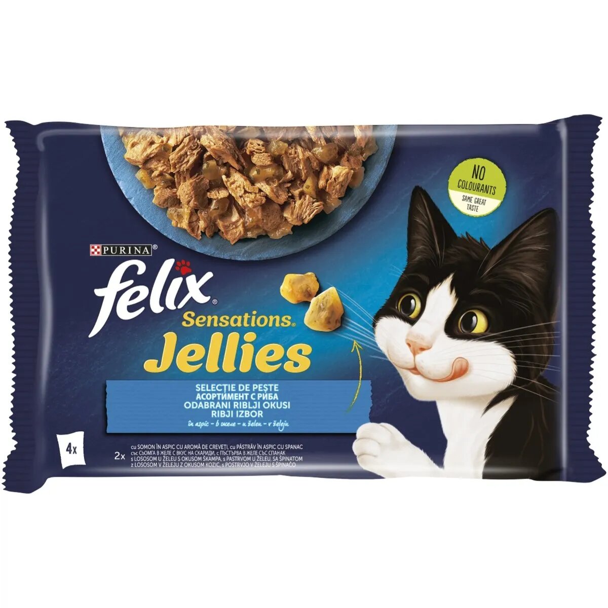 FELIX PURINA Sensations 2 arome (Somon și Pastrav) pachet mixt plic hrană umedă pisici (în aspic) 85g x 4