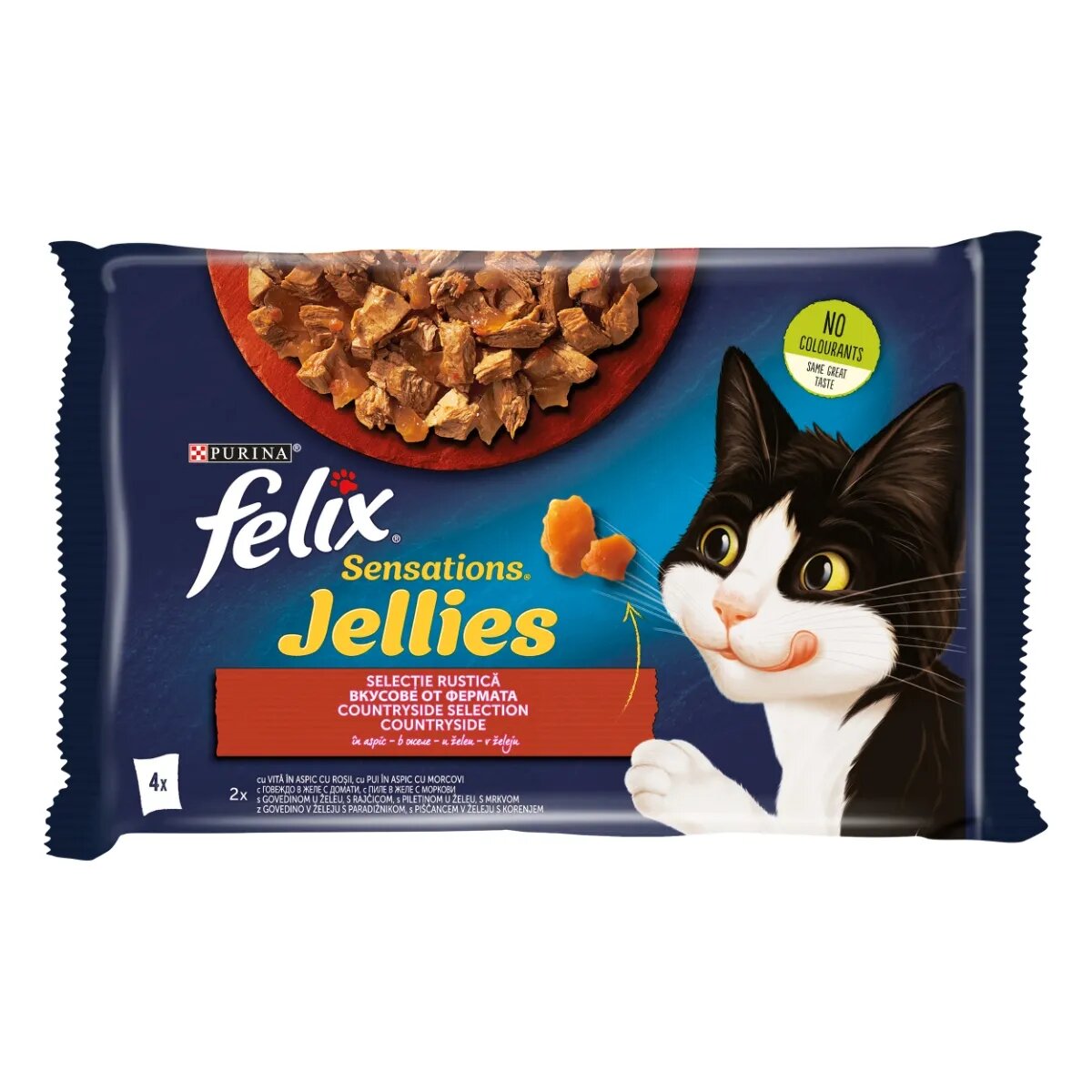 FELIX PURINA Sensations 2 arome (Vită și Pui) pachet mixt plic hrană umedă pisici (în aspic) 85g x 4