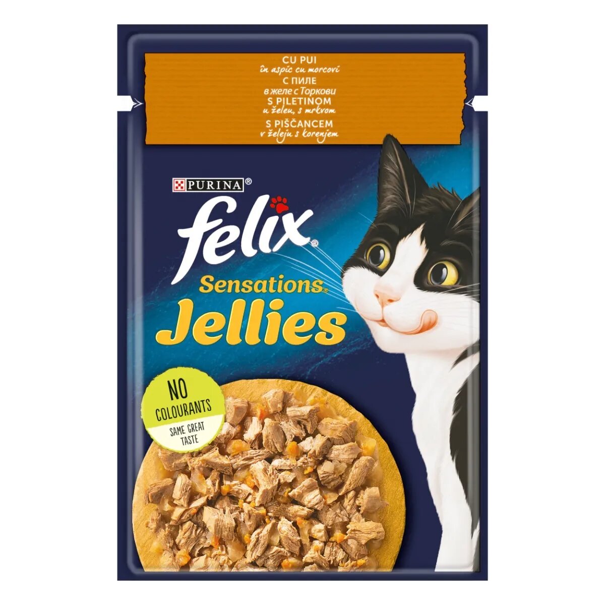 FELIX PURINA Sensations Pui cu Morcov hrană umedă pisici (în aspic) PURINA Sensations Pui cu Morcov plic hrană umedă pisici (în aspic) 85g