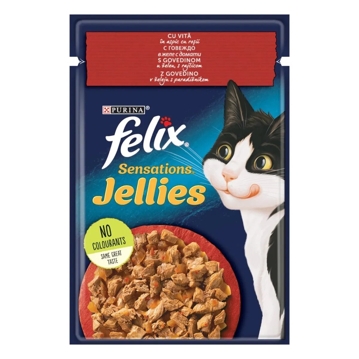 FELIX PURINA Sensations Vită cu Roșii hrană umedă pisici (în aspic) PURINA Sensations Vită cu Roșii plic hrană umedă pisici (în aspic) 85g
