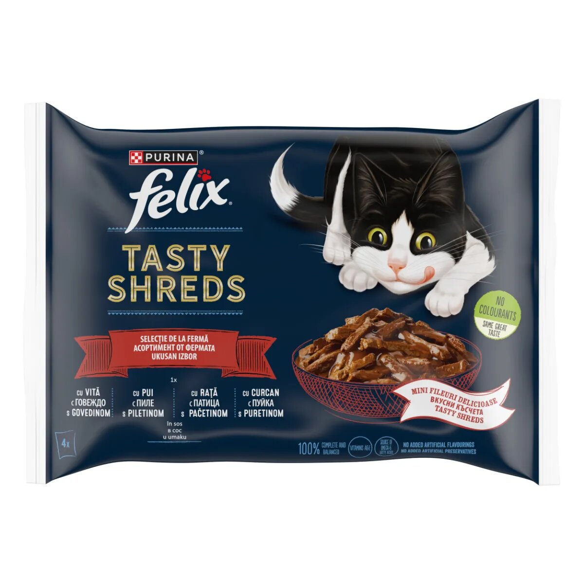 FELIX Tasty-Shreds Selecție de la Fermă cu Vită Pui Curcan și Rață plic hrană umedă pisici (în sos) multipack 80g x 4buc