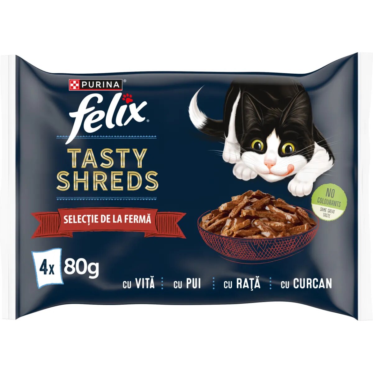 FELIX Tasty-Shreds Selecție de la Fermă cu Vită Pui Curcan și Rață plic hrană umedă pisici (în sos) multipack 80g x 4buc