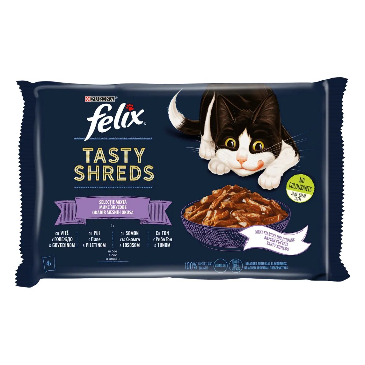FELIX Tasty-Shreds Selecție mixtă cu Vită Pui Somon și Ton plic hrană umedă pisici (în sos) multipack 80g x 4buc