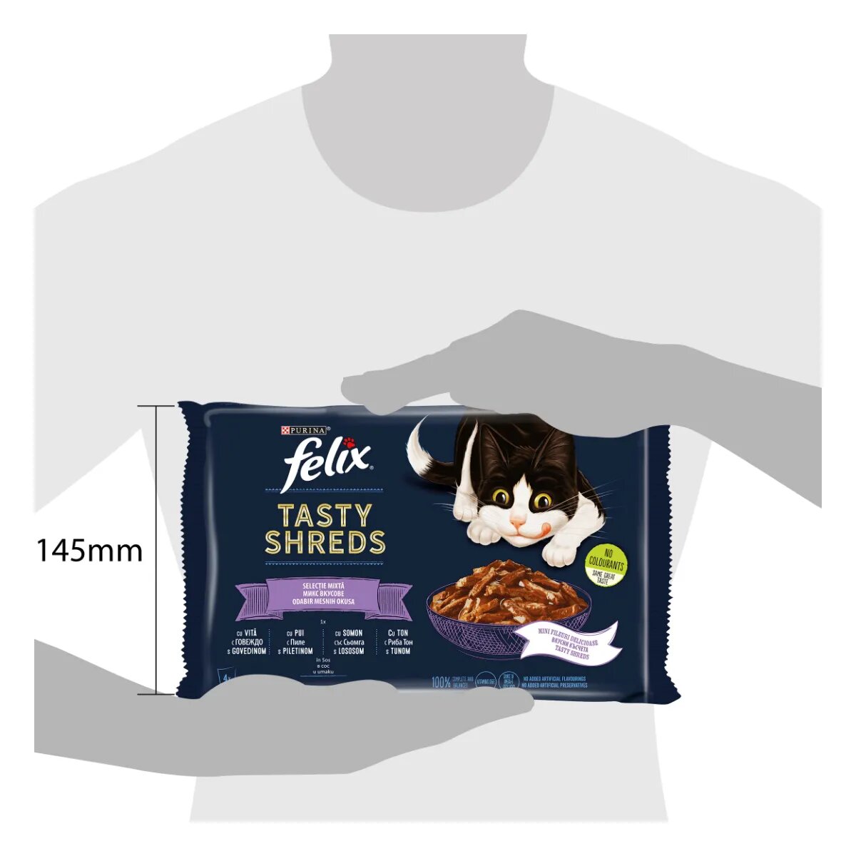 FELIX Tasty-Shreds Selecție mixtă cu Vită Pui Somon și Ton plic hrană umedă pisici (în sos) multipack 80g x 4buc