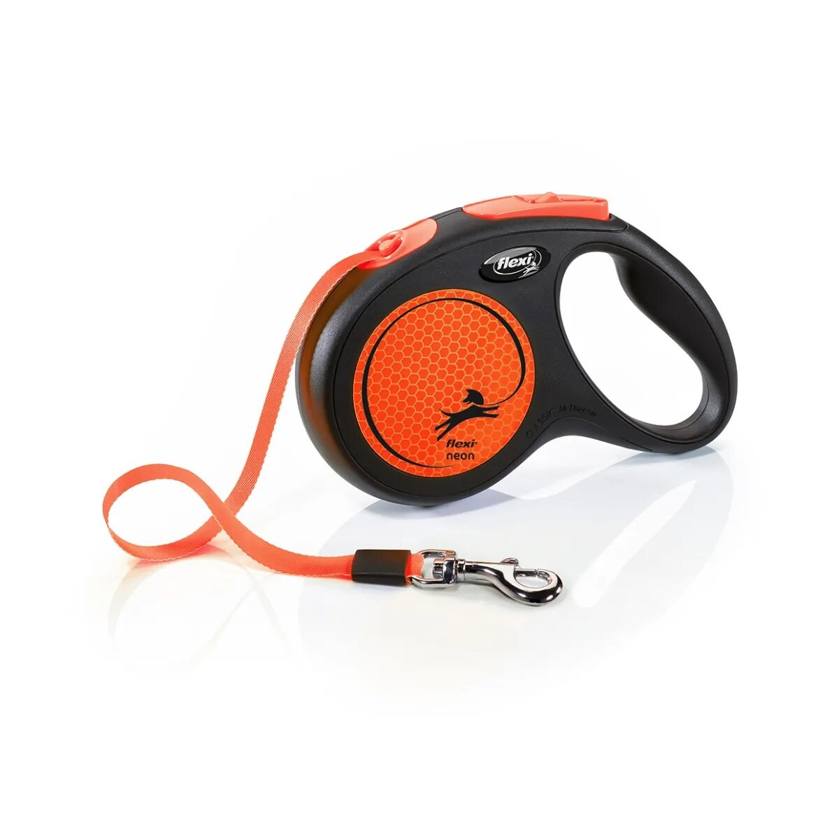 Flexi Neon lesă bandă retractabilă câini reflectorizant nylon portocaliu M(25kg 5m)