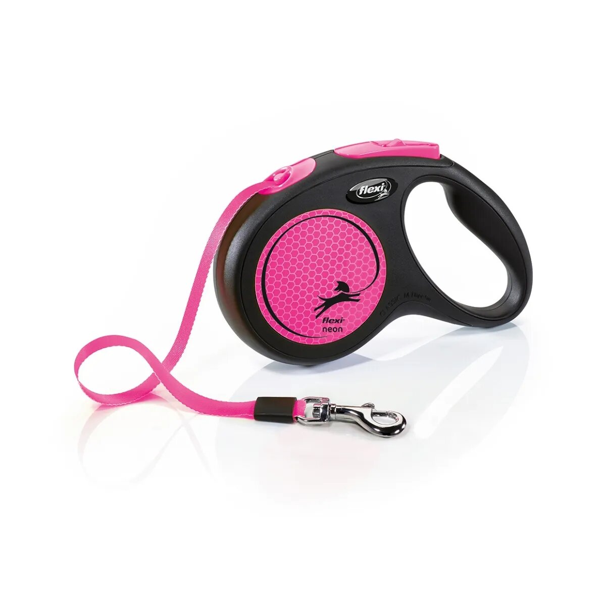 Flexi Neon lesă bandă retractabilă câini reflectorizant nylon roz M(25kg 5m)