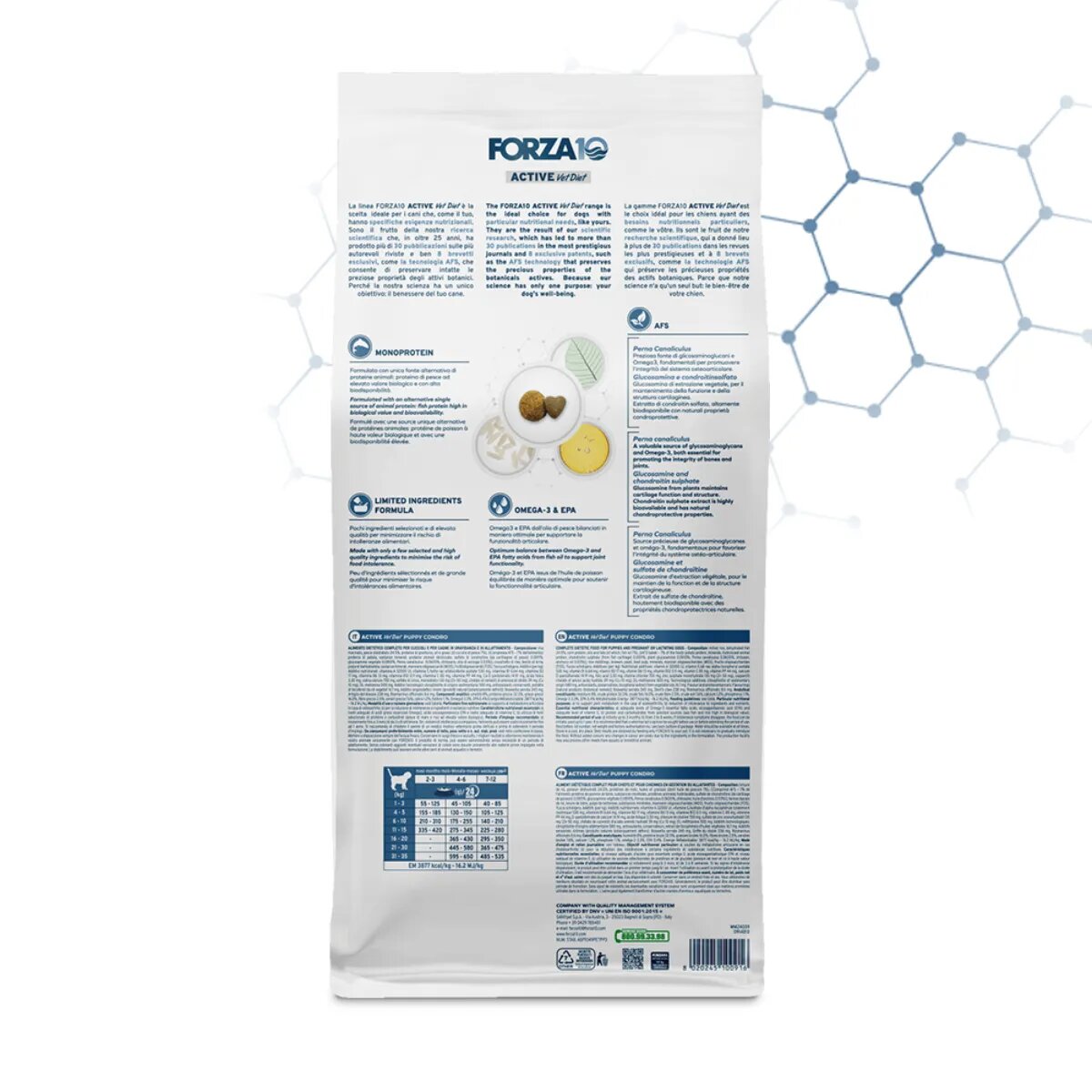 FORZA10 Active VetDiet Chondro Puppy XS-XL Pește dietă veterinară hrană uscată monoproteică câini junior sistem articular 10kg