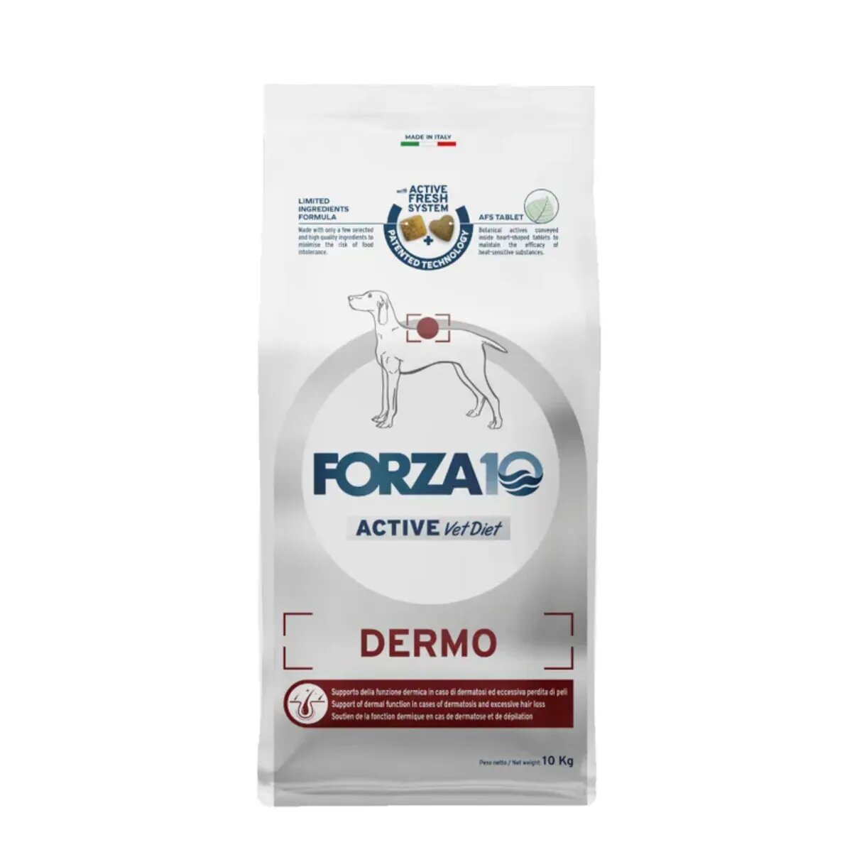 FORZA10 Active VetDiet Dermato XS-XL Pește dietă veterinară hrană uscată monoproteică câini piele & blană 10kg