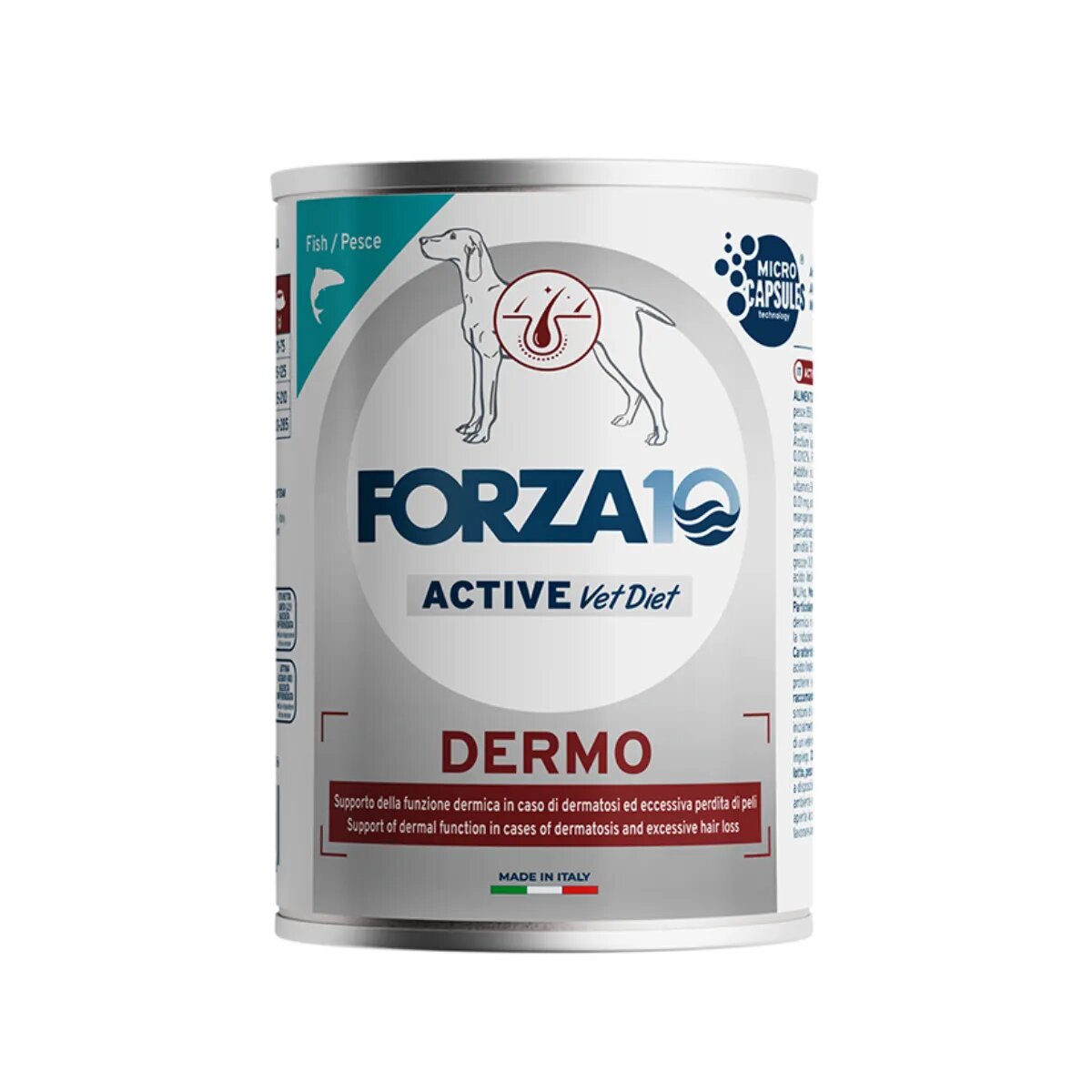 FORZA10 Active VetDiet Dermo XS-XL Pește dietă veterinară conservă hrană umedă monoproteică fără cereale câini piele & blană (pate) 390g