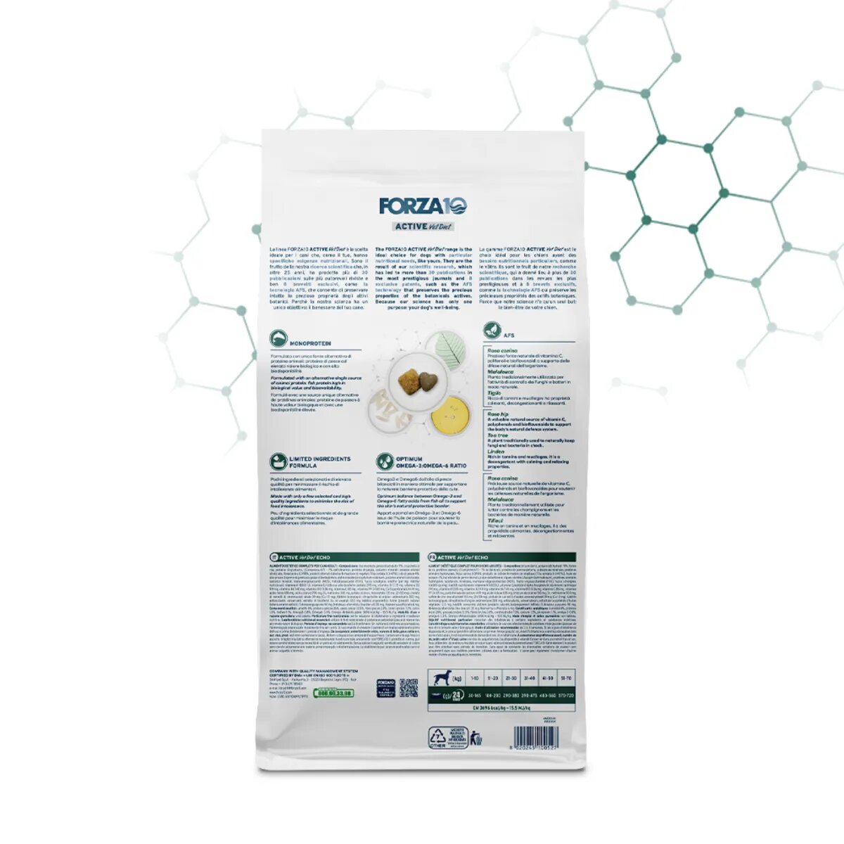FORZA10 Active VetDiet Echo Active XS-XL Pește dietă veterinară hrană uscată monoproteică câini alergii 10kg