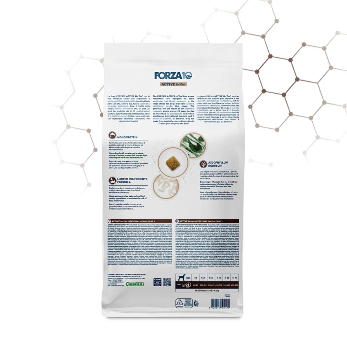 FORZA10 Active VetDiet Intestinal Colon Fase 1 XS-XL Pește dietă veterinară hrană uscată monoproteică câini sistem digestiv 10kg