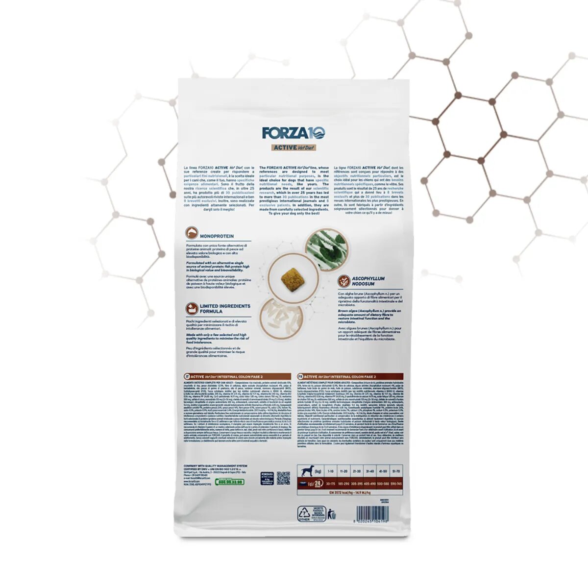 FORZA10 Active VetDiet Intestinal Colon Fase 2 XS-XL Pește dietă veterinară hrană uscată monoproteică câini sistem digestiv 10kg