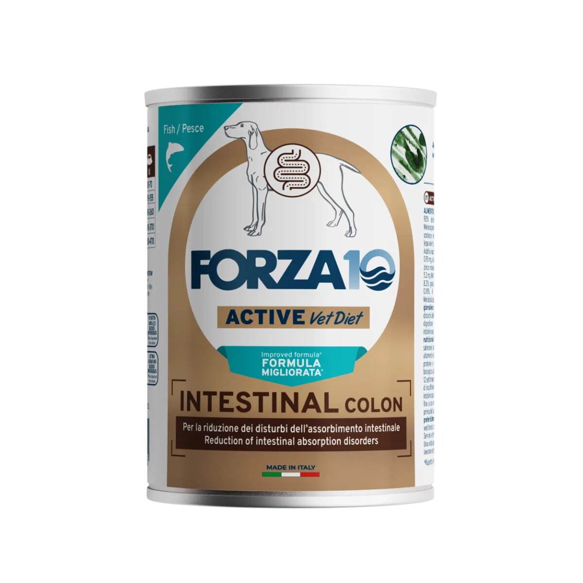 FORZA10 Active VetDiet Intestinal Colon XS-XL Pește dietă veterinară conservă hrană umedă fără cereale câini sistem digestiv (pate) 390g