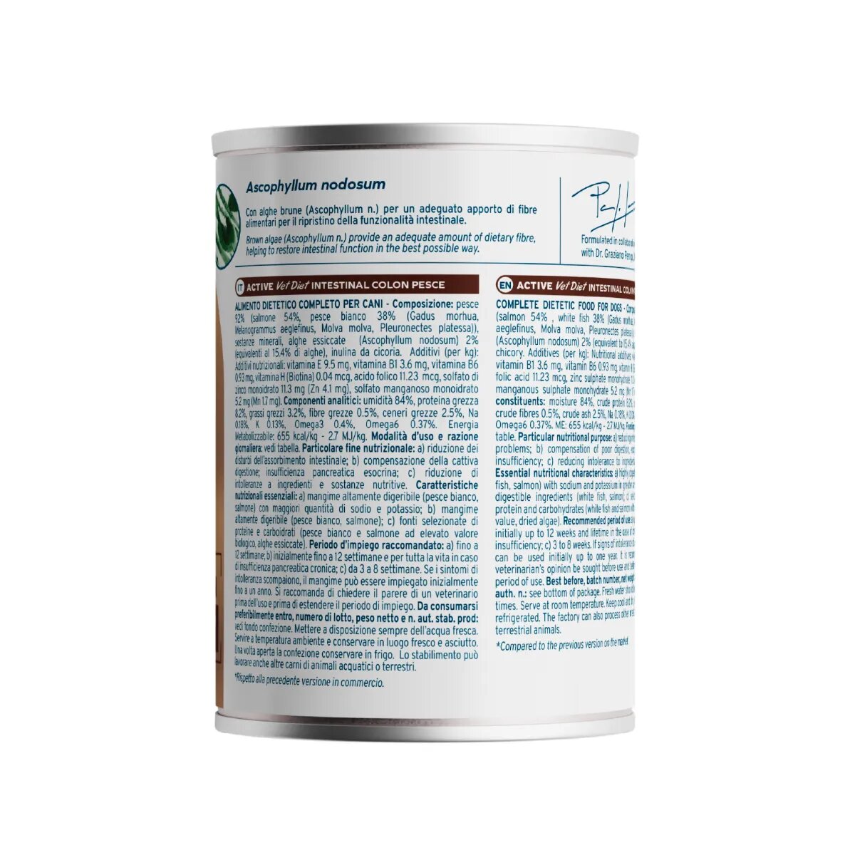FORZA10 Active VetDiet Intestinal Colon XS-XL Pește dietă veterinară conservă hrană umedă fără cereale câini sistem digestiv (pate) 390g