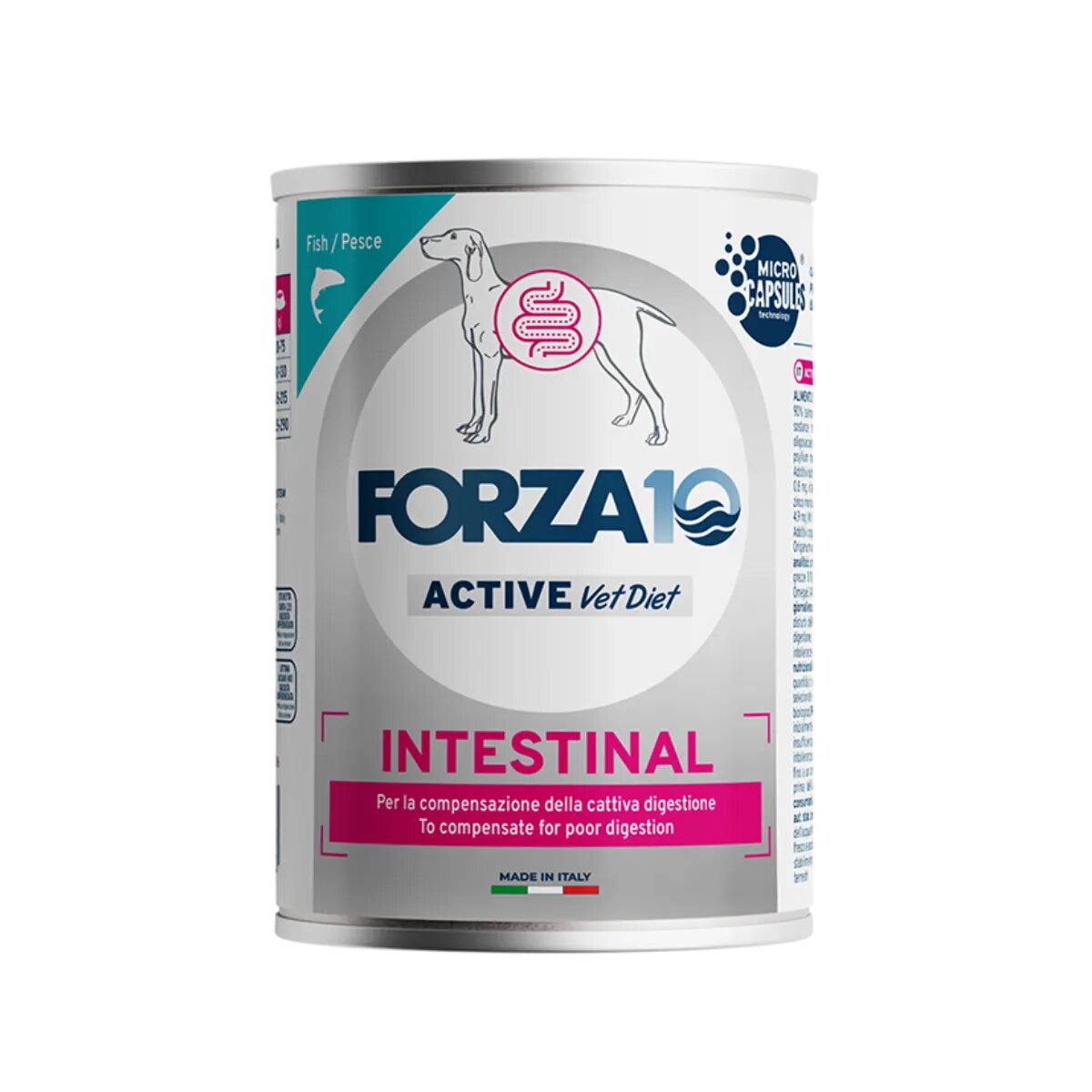 FORZA10 Active VetDiet Intestinal XS-XL Pește dietă veterinară conservă hrană umedă câini sistem digestiv (pate) 390g