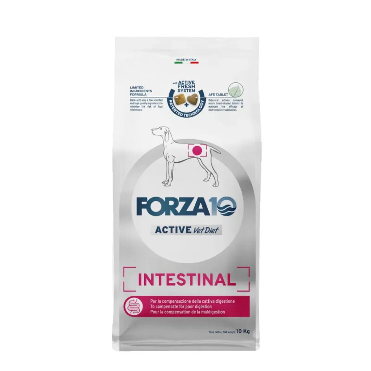 FORZA10 Active VetDiet Intestinal XS-XL Pește dietă veterinară hrană uscată monoproteică câini sistem digestiv 10kg