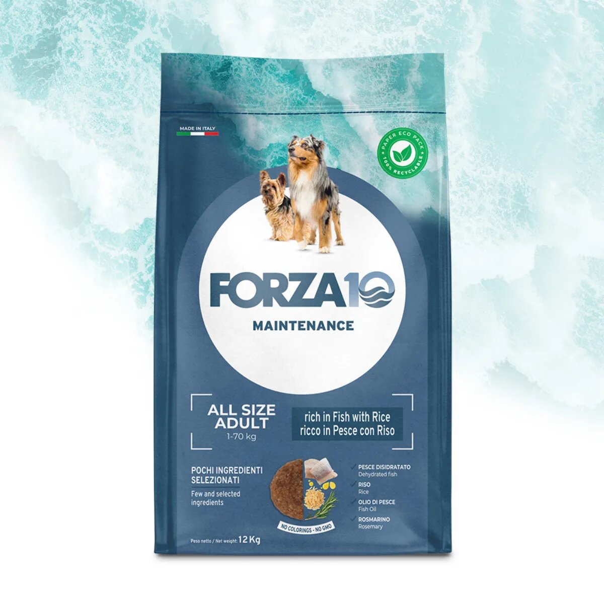 FORZA10 Maintenance XS-XL Pește și Orez hrană uscată câini 12kg