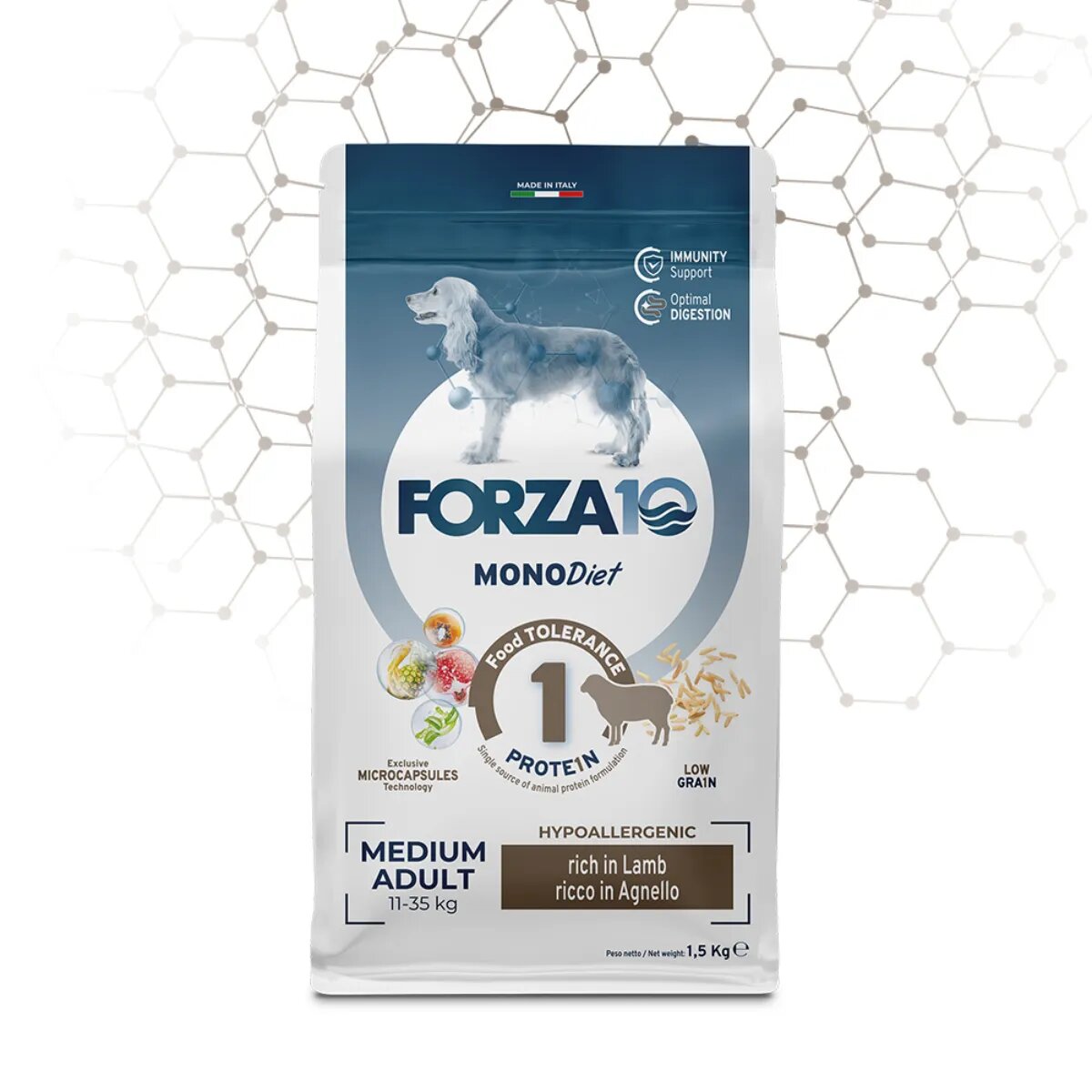 FORZA10 Monodiet Medium Adult M Miel dietă veterinară hrană uscată monoproteică câini alergii 12kg