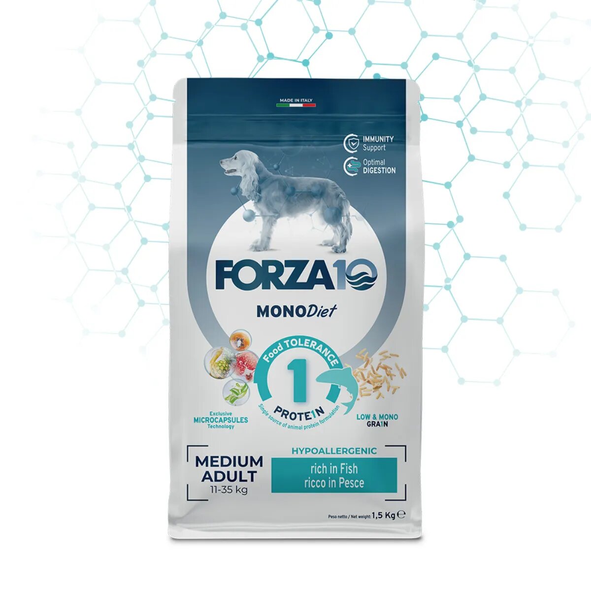 FORZA10 Monodiet Medium Adult M Pește dietă veterinară hrană uscată monoproteică câini alergii 12kg
