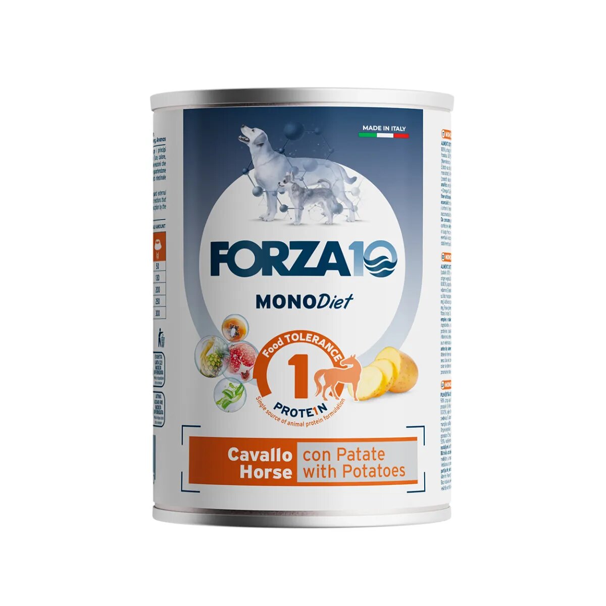 FORZA10 Monodiet XS-XL Cal și Cartofi dietă veterinară conservă hrană umedă monoproteică câini alergii (pate) 400g