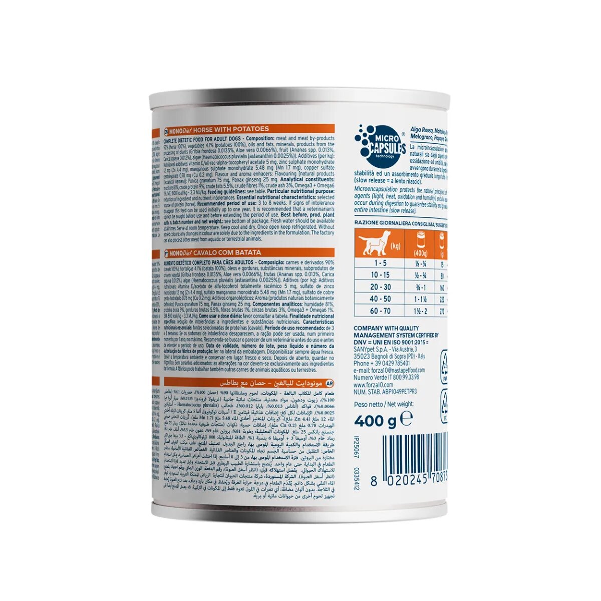 FORZA10 Monodiet XS-XL Cal și Cartofi dietă veterinară conservă hrană umedă monoproteică câini alergii (pate) 400g