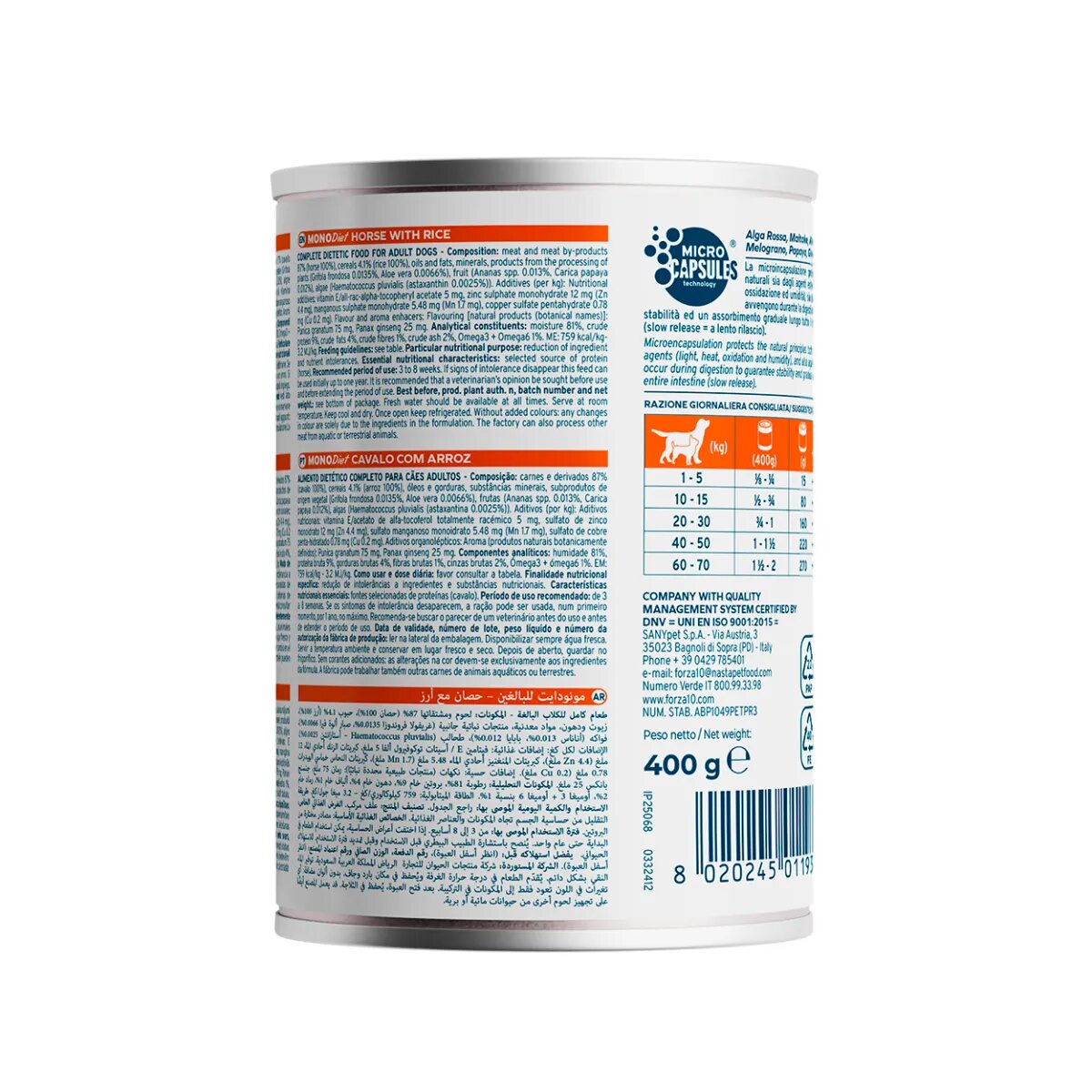 FORZA10 Monodiet XS-XL Cal și Orez dietă veterinară conservă hrană umedă monoproteică câini alergii (pate) 400g