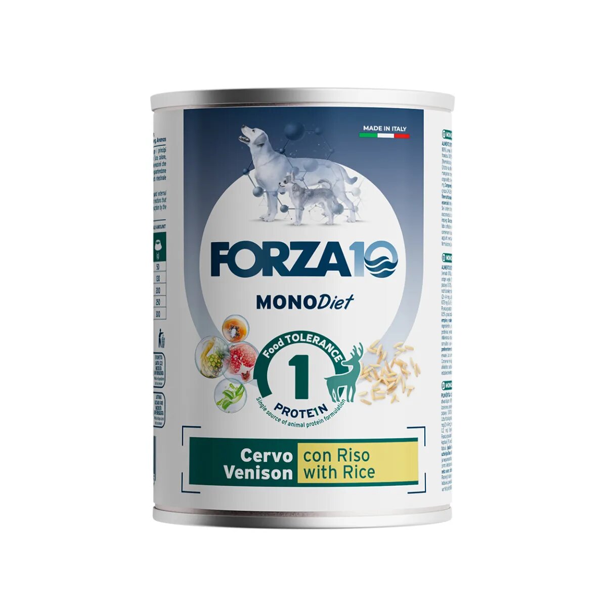 FORZA10 Monodiet XS-XL Căprioară și Orez dietă veterinară conservă hrană umedă monoproteică câini alergii (pate) 400g