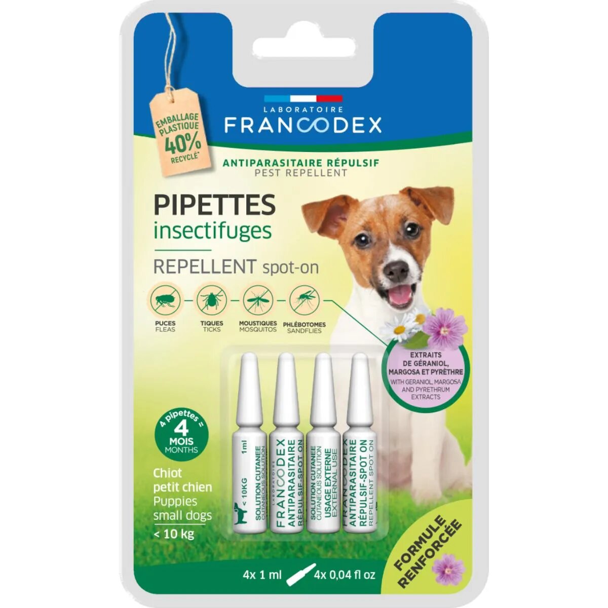 Francodex deparazitare externă naturală câini pipetă repelentă deparazitare externă naturală câini junior & adult XS-S(2 - 10kg) pipetă repelentă 1ml x 4buc
