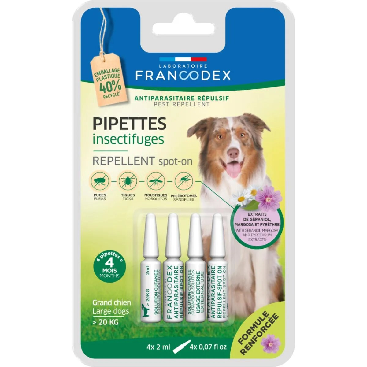 Francodex deparazitare externă naturală câini pipetă repelentă deparazitare externă naturală câini L-XL(>20kg) pipetă repelentă 2ml x 4buc