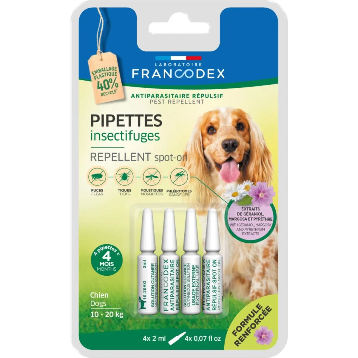 Francodex deparazitare externă naturală câini pipetă repelentă deparazitare externă naturală câini M(10 - 20kg) pipetă repelentă 2ml x 4buc