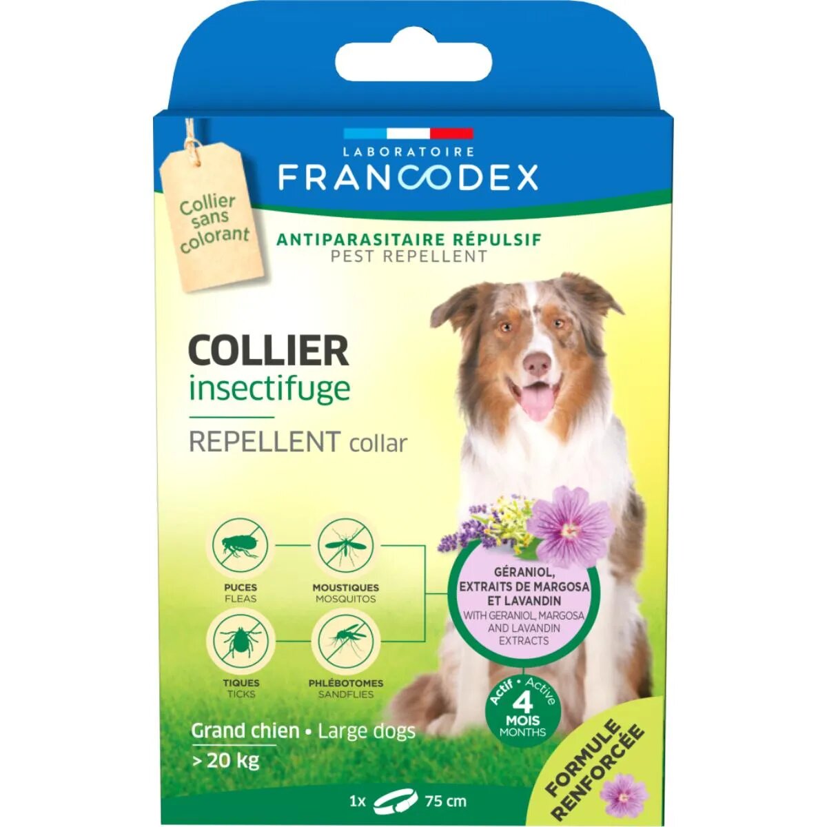 Francodex deparazitare externă naturală câini zgardă repelentă deparazitare externă naturală câini L-XL(>20kg) zgardă repelentă 75 cm gri 1buc