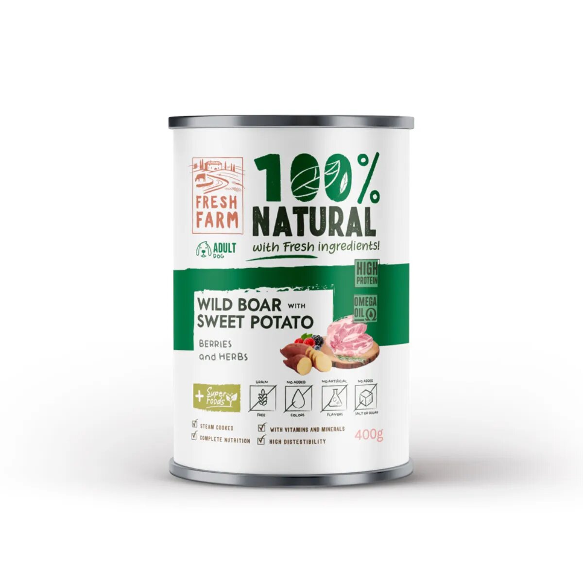 FRESH FARM Coarse XS-XL Mistreț și Cartof Dulce conservă hrană umedă fără cereale câini (pate) 400g
