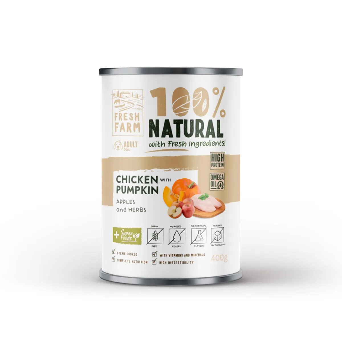 FRESH FARM Coarse XS-XL Pui și dovleac conservă hrană umedă fără cereale câini (pate) 400g