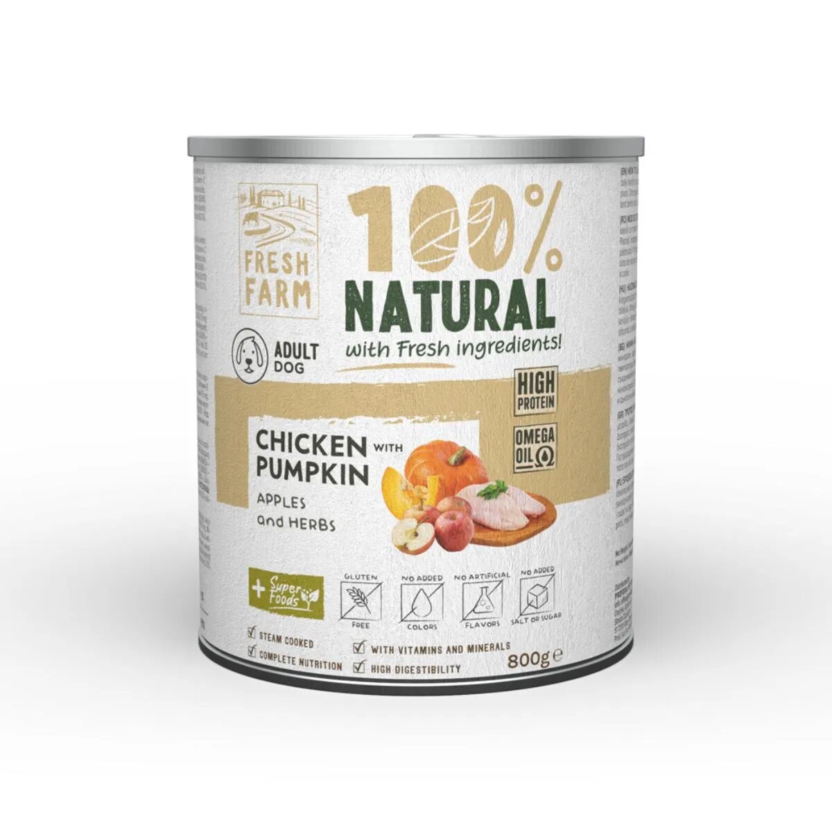 FRESH FARM Coarse XS-XL Pui și dovleac conservă hrană umedă fără cereale câini (pate) 800g