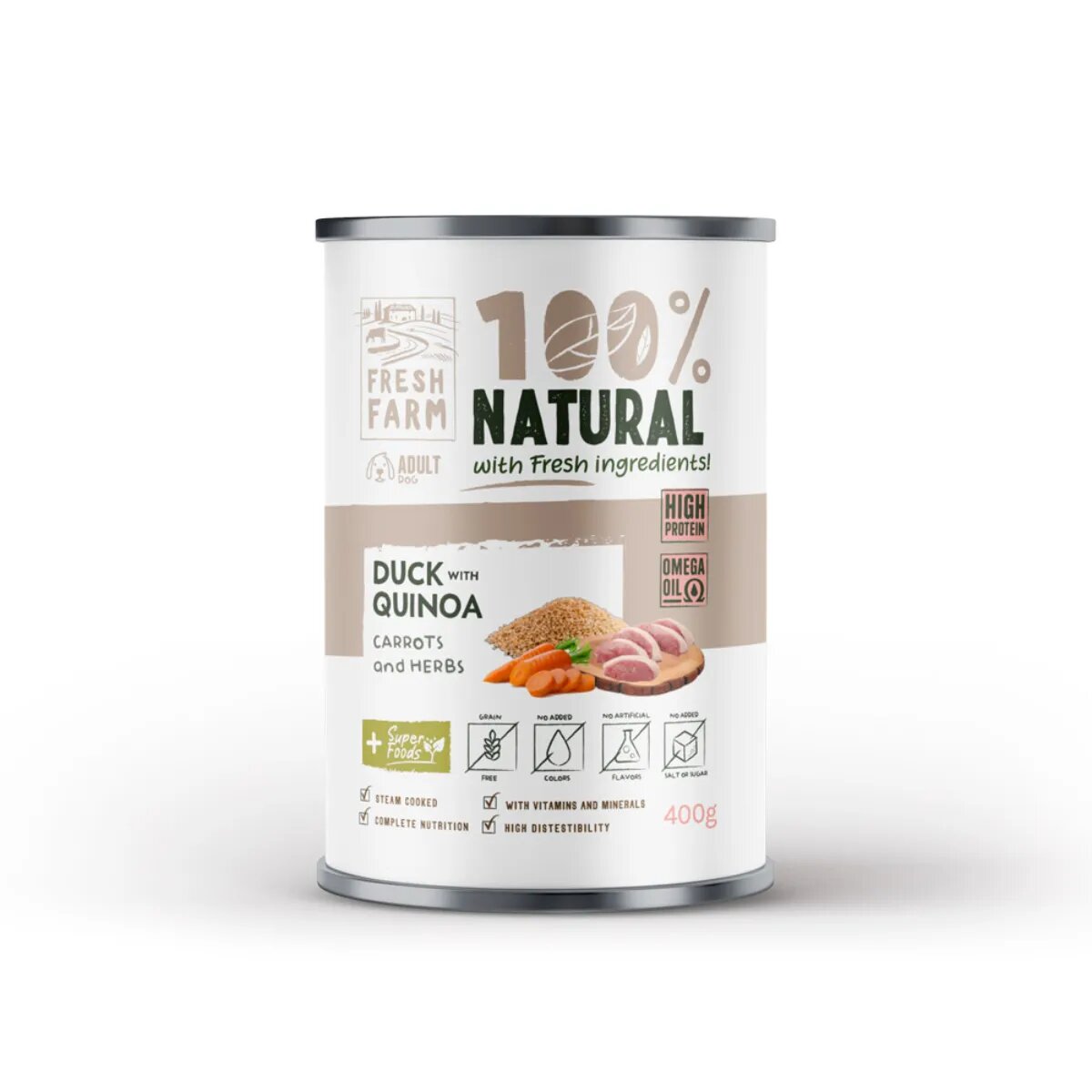FRESH FARM Coarse XS-XL Rață și Quinoa conservă hrană umedă fără cereale câini (pate) 400g