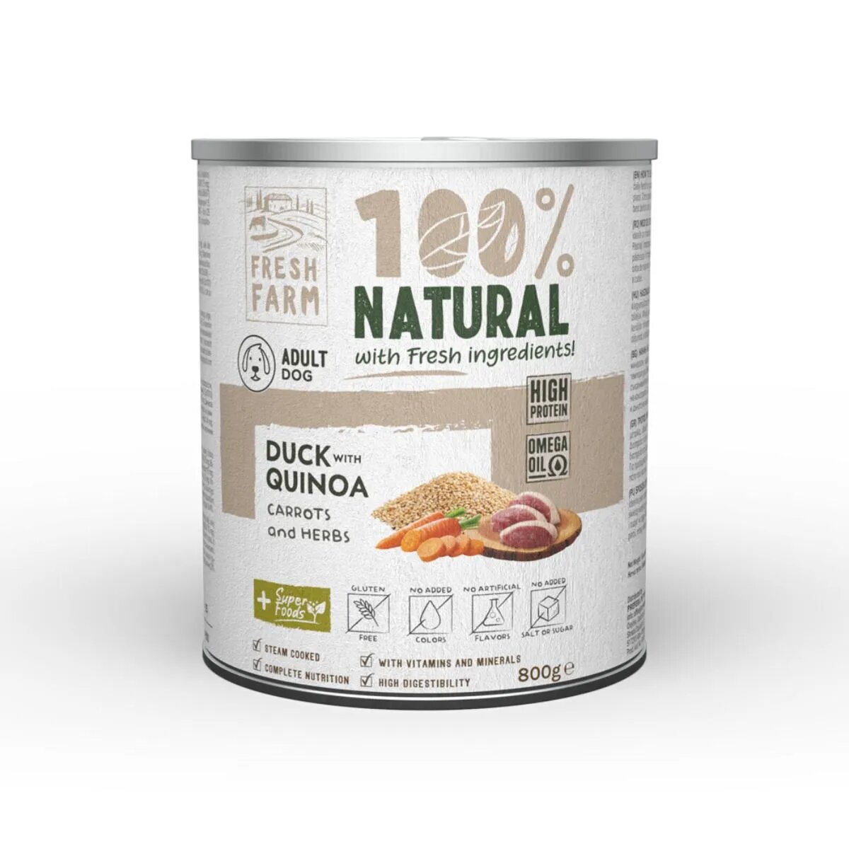 FRESH FARM Coarse XS-XL Rață și Quinoa conservă hrană umedă fără cereale câini (pate) 800g