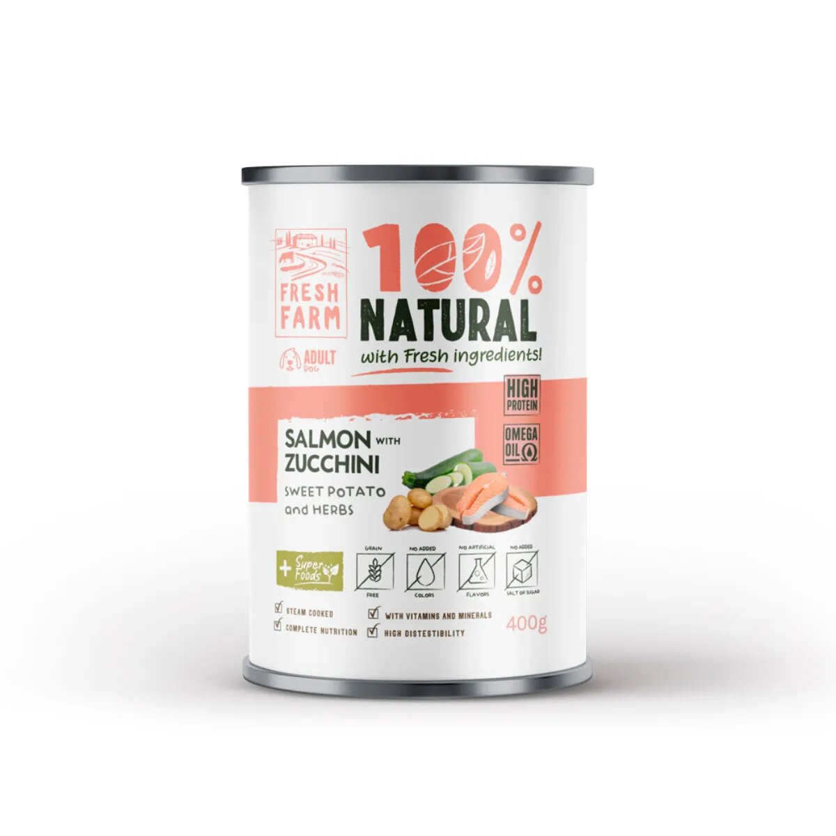 FRESH FARM Coarse XS-XL Somon și Zucchini conservă hrană umedă fără cereale câini (pate) 400g
