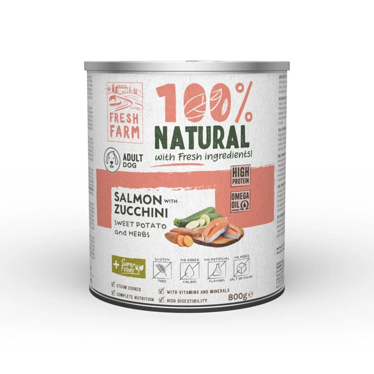 FRESH FARM Coarse XS-XL Somon și Zucchini conservă hrană umedă fără cereale câini (pate) 800g