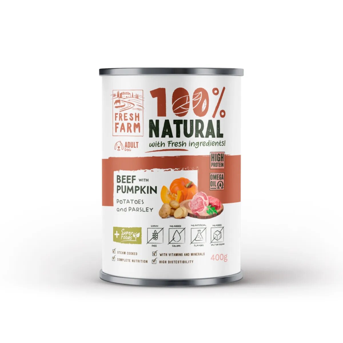 FRESH FARM Coarse XS-XL Vită și dovleac conservă hrană umedă fără cereale câini (pate) 400g