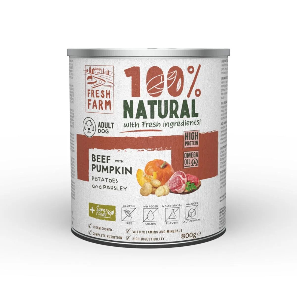 FRESH FARM Coarse XS-XL Vită și dovleac conservă hrană umedă fără cereale câini (pate) 800g