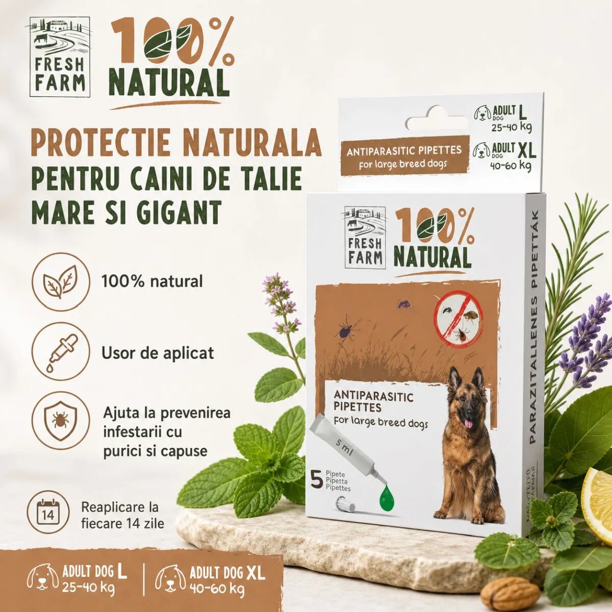 FRESH FARM deparazitare externă naturală câini pipetă repelentă deparazitare externă naturală câini L-XL pipetă repelentă 5ml x 5buc