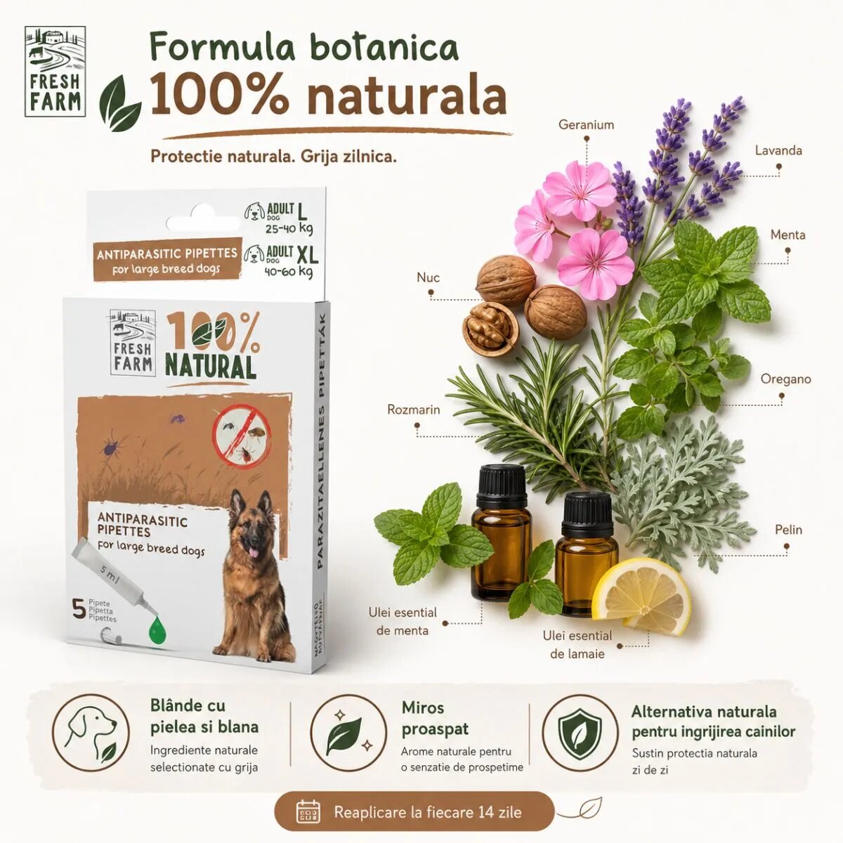 FRESH FARM deparazitare externă naturală câini pipetă repelentă deparazitare externă naturală câini L-XL pipetă repelentă 5ml x 5buc