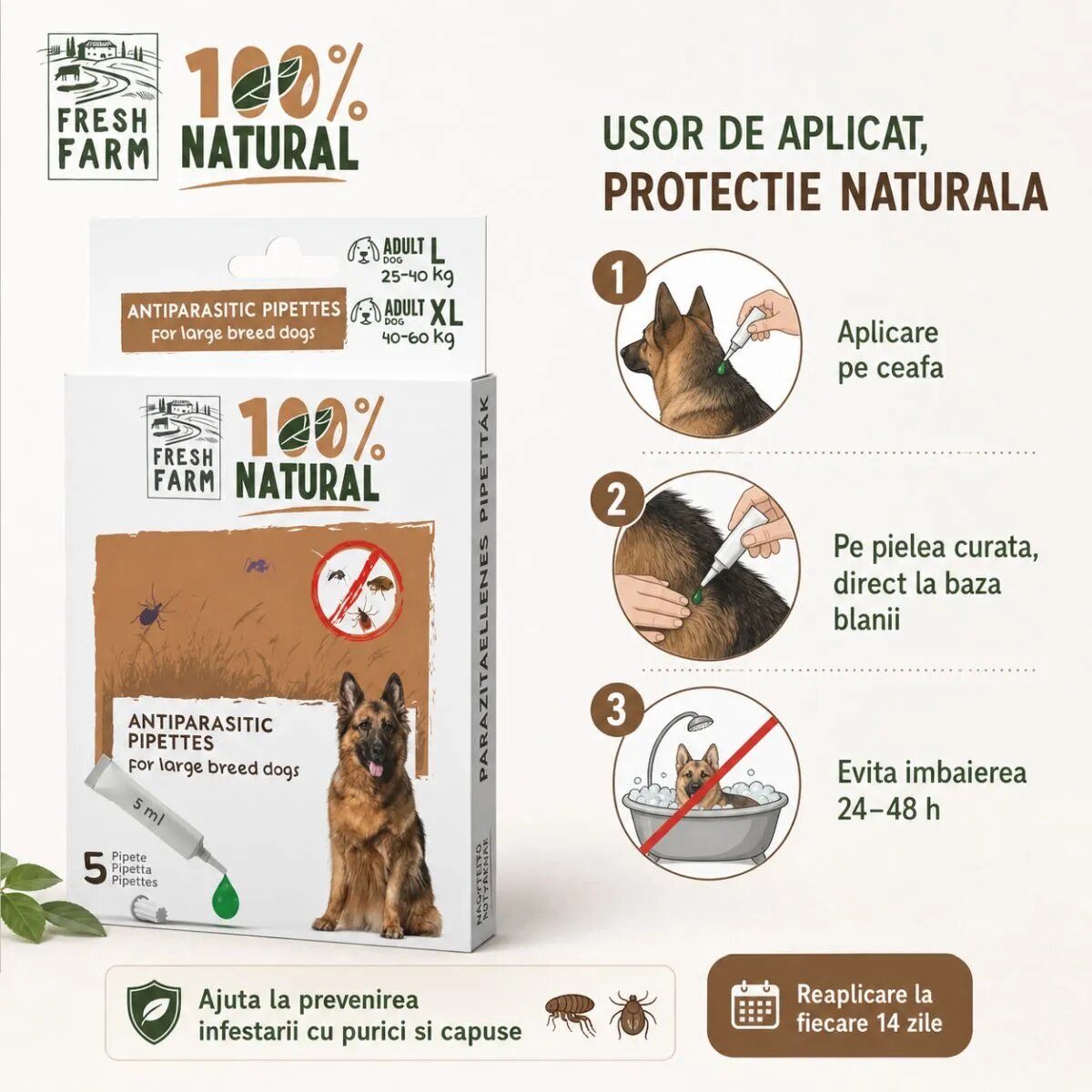 FRESH FARM deparazitare externă naturală câini pipetă repelentă deparazitare externă naturală câini L-XL pipetă repelentă 5ml x 5buc