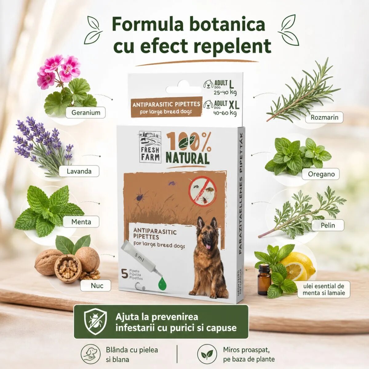 FRESH FARM deparazitare externă naturală câini pipetă repelentă deparazitare externă naturală câini L-XL pipetă repelentă 5ml x 5buc