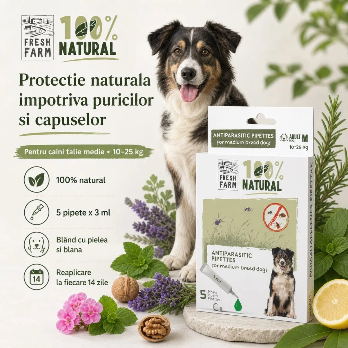 FRESH FARM deparazitare externă naturală câini pipetă repelentă deparazitare externă naturală câini M pipetă repelentă 3ml x 5buc