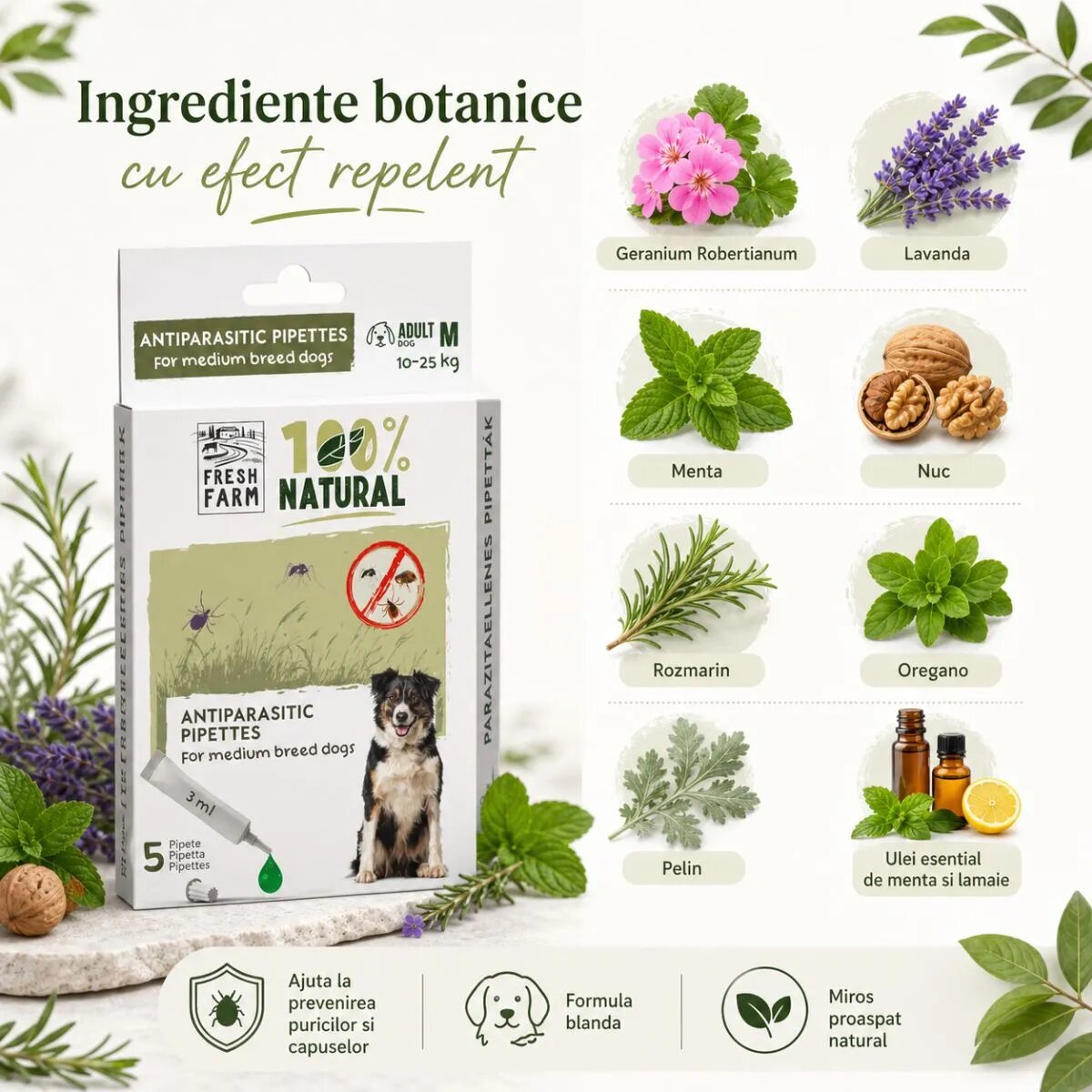 FRESH FARM deparazitare externă naturală câini pipetă repelentă deparazitare externă naturală câini M pipetă repelentă 3ml x 5buc