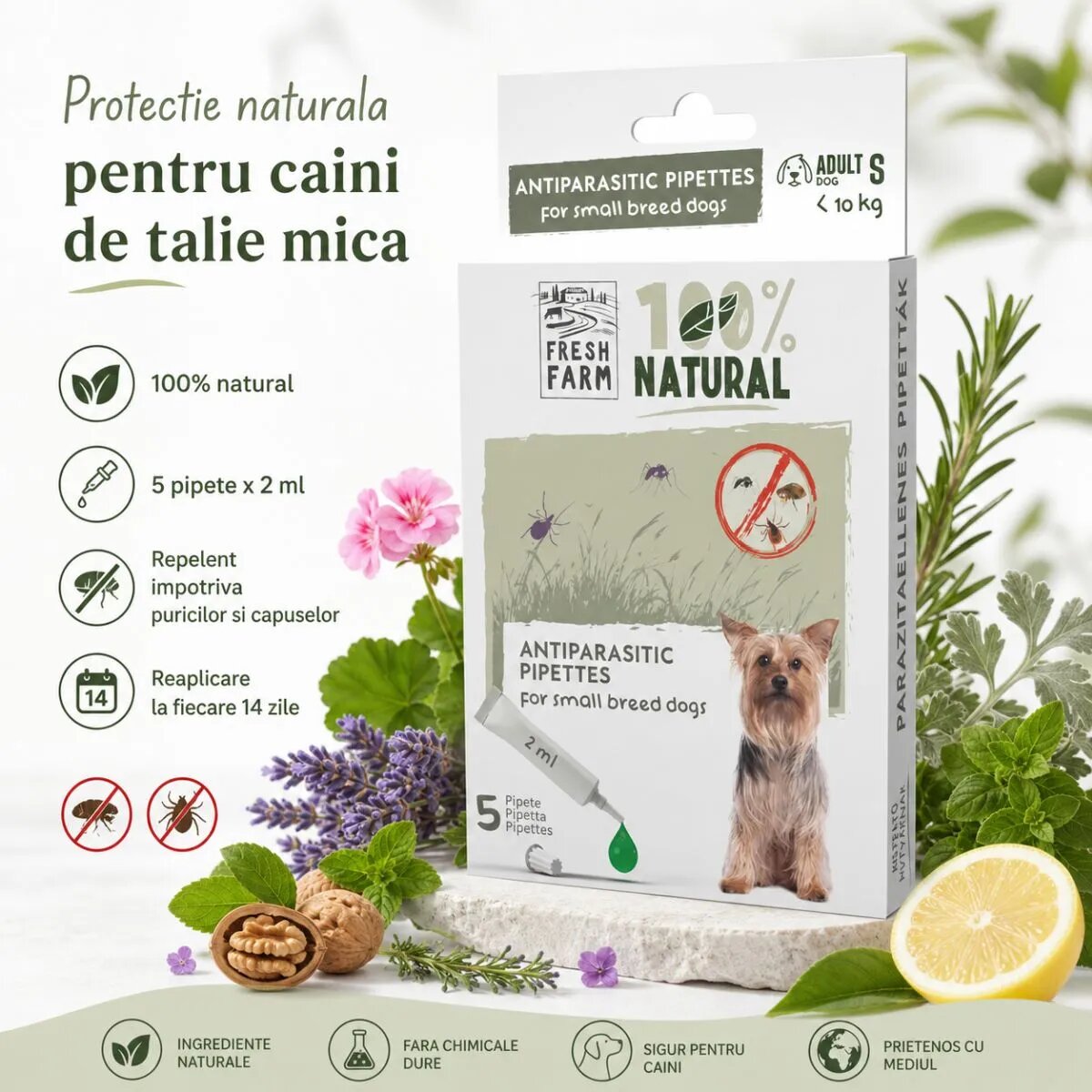 FRESH FARM deparazitare externă naturală câini pipetă repelentă deparazitare externă naturală câini XS-S pipetă repelentă 2ml x 5buc