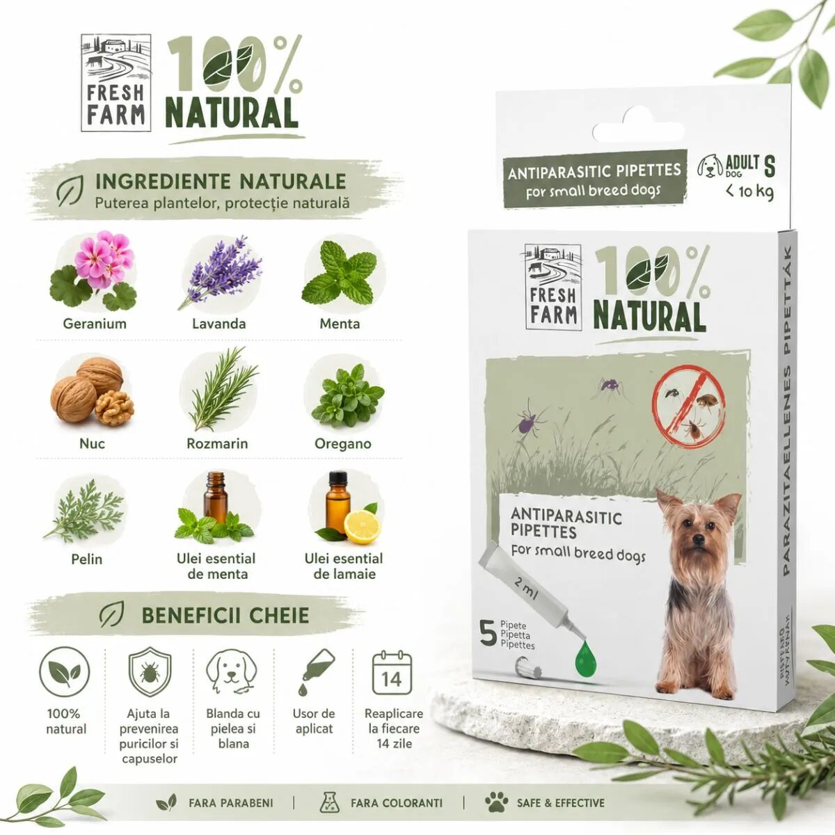 FRESH FARM deparazitare externă naturală câini pipetă repelentă deparazitare externă naturală câini XS-S pipetă repelentă 2ml x 5buc